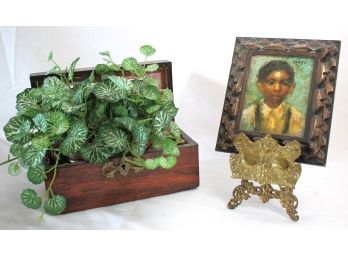Ornate Wood Box, Brass Stand & Framed Portrait Painting By Crass