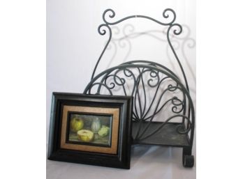 Signed Still Life Painting By Listed Artist Ramon Cruz & Ornate Metal Magazine Stand