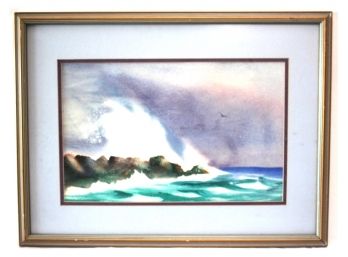 .Framed Vintage Watercolor Of Waves Crashing Against The Rocks Signed By Artist Deshon
