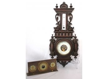 Vintage Carved Wood Aneroid Barometer & Thermometer