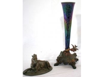 Beautiful Vintage Art Deco Vase Amazing Colors & Cast Metal Sculpture Looks To Be Signed By The Base