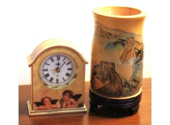 Linden Quartz Clock With Cherub Detail & Painted Asian Wood Cup 1984