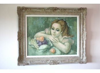 Signed Painting Of An Innocent Girl By Listed Artist Wayne Terry In An Ornate Carved Frame With Embossed Flora