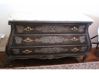 Gorgeous Vintage Bombay Chest With Ornate Brass Hardware, Embossed Detail & A Beautiful Marble Top
