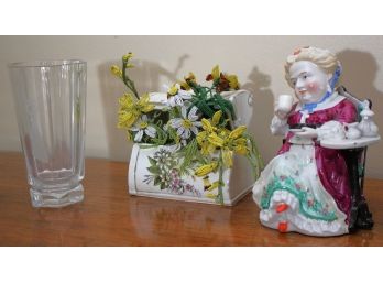 Vintage Collectibles Include Small Biscuit Jar & Orrefors Etched Vase