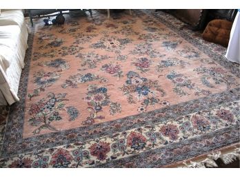 Hand Woven Area Rug Shades Of Pink Highlighted By Floral Detailing Approx. 12 Feet X 14.5 Feet Wool Rug Nice T
