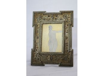 Nude Portrait Painting In A Vintage Wood Frame With Embossed Metal Detail