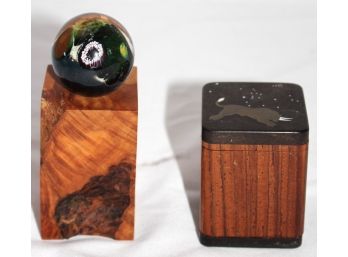 Miniature Handmade Blown Glass Sphere On Polished Wood Block & Small Wood Trinket Box With Leaping Bull