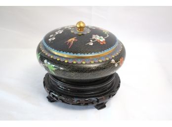 Beautiful Vintage Floral Cloisonn Seed Pot With Amazing Detailing Throughout Includes Wood Stand