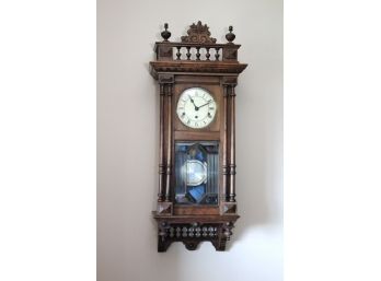 Eastlake Style Gorgeous Regulator 1890s Wall Clock Carved Detailing Throughout, Has A Key & Intricate Glass P