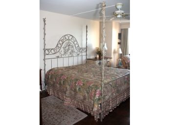 Gorgeous 4 Post Bed With Lovebird Detailing On The Post, Well-Made Heavy Wrought Iron