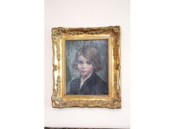 Antique Portrait Painting Of A Little Child In An Ornate Gilded Wood Frame
