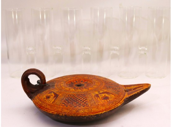 Terra Cotta Oil Lamp Reproduction & Connected Glass Bud Vases