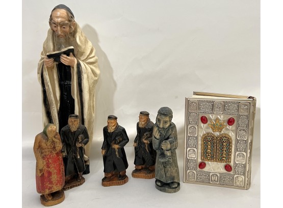 Lot Includes Silver Plated Siddur, Wooden Rabbi Figures & Decorative Rabbi Figurine