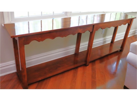 Vintage Polished Wood Console Table With Bottom Shelf & Carved Apron Front