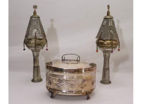 Lot Of 3 Judaica Pieces With Box & Pair Of Vintage Metal Noise Makers