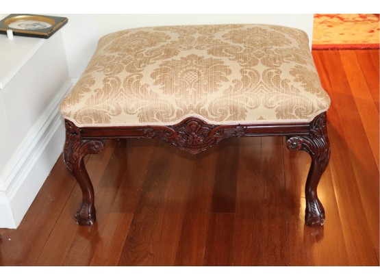 Chippendale Style Ottoman With Ball & Claw Feet & Damask Upholstery