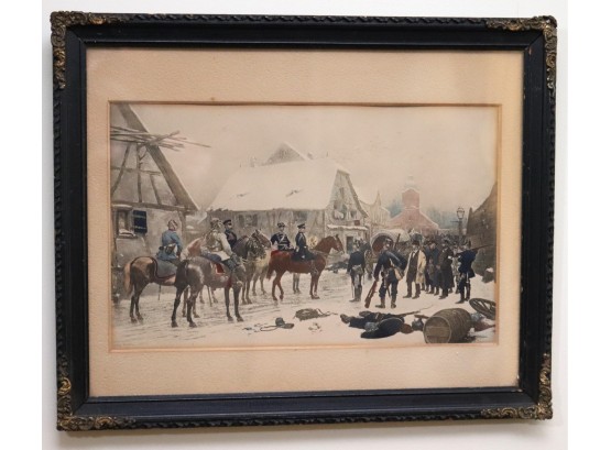 Antique Hand Colored Print Of German Soldiers In Village Square Signed By Artist