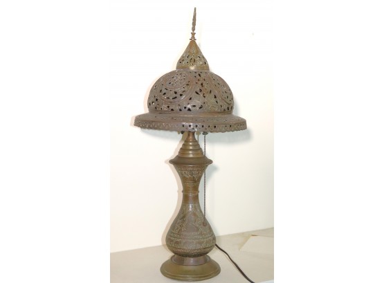 Antique Pierced Metal Lamp With Middle Eastern & Judaic Motif