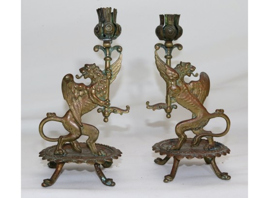 Pair Of Antique Brass Candlesticks With Figural Lions