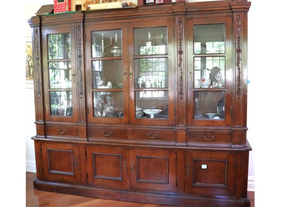 Antique English Style Custom Made China Cabinet / Breakfront With Carved Wood
