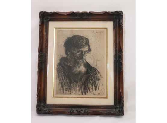 Antique Etching Of Man Deep In Thought Signed By Artist