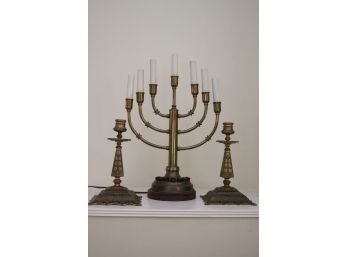 Temple Candlestick Lamp & Gilt Brass Candlesticks