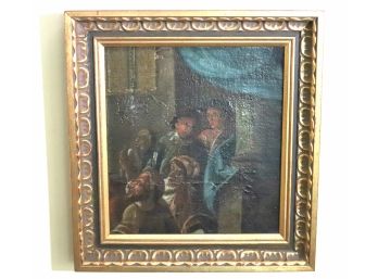 Antique Oil In Canvas Of Men In Synagogue