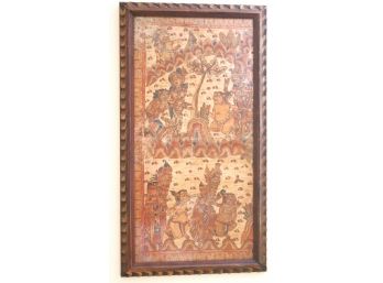 Vintage Balinese Painting On Leather In Carved Wood Frame