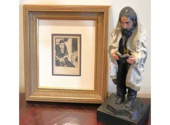 Small Watercolor Of Rabbi In Frame & Austin Products Man With Prayer Shawl Figure