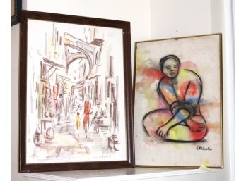 Two Vintage Artworks With Signed Watercolor And Pencil Drawing