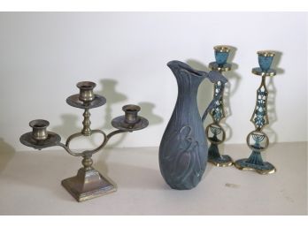 Lot Of Metal Ware With Candlesticks & Pitcher