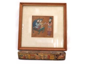Purim Theme Hand Painted On Leather Artwork & Antique Hand Painted Wood Box