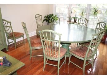 Large Round Pedestal Dining Table In Green Painted Finish With 8 Chairs