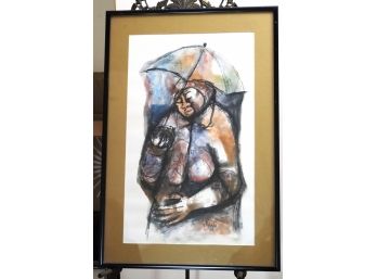 Vintage Charcoal Drawing Of Woman Holding Umbrella Signed Godfrey Ndaba