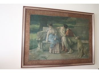 Antique Romantic Painting On Canvas Ca. 1920s Of Lovers On Garden Bench