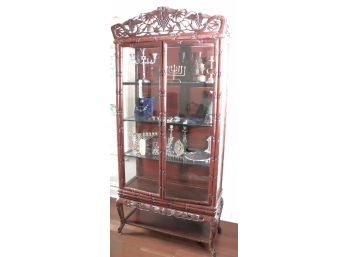 Antique Chinese Hand Carved Rosewood Display Cabinet, Simulated Bamboo & Glass