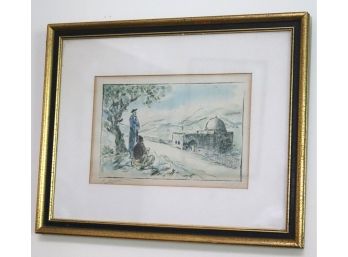 Antique Hand Colored Engraving Of Judean Hills With Mosque, Signed By Artist