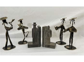 Pair Soapstone Bookends & 4 Metal Musician Figurines Made In Israel