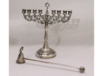 Antique Sterling Silver Menorah And Candle Snuffer With Star Of David