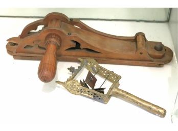 Two Antique Noise Makers In Wood & Metal For Purim