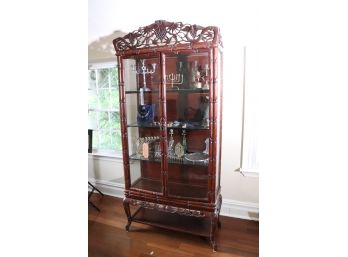 Chinese Hand Carved Rosewood Display Cabinet, Simulated Bamboo & Glass