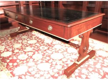 Empire Style Library Table / Desk With Leather Top & Gilt Wood Trim