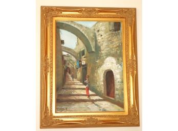Vintage Painting Of Ancient Israeli Cobblestone Street Signed By Artist In Hebrew