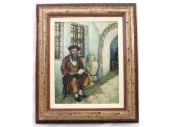 Vintage Oil Painting Of Rabbi In Old Town, Signed By Artist
