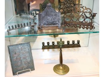Lot Of 4 Antique Menorah & Metal Plaque With The 10 Commandments