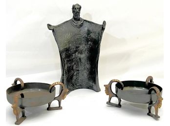 Patinated Plaster Statue Of Moses & Pair Of Metal Decorative Bowls With Rams