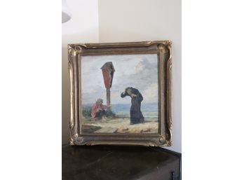 Small Antique Painting Of Old Man & Beggar By Roadside Memorial Signed Dario