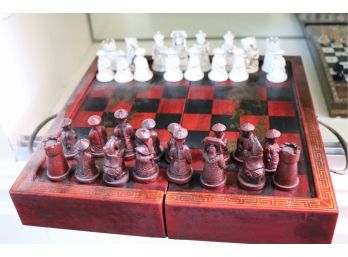 Chinese Chess Set With Resin Figurines & Lacquered Box