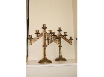 Pair Of Antique Brass Five Arm Adjustable Candlesticks